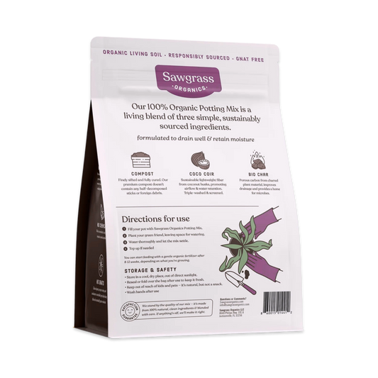 Back of the Sawgrass Organics Potting Mix bag listing its three ingredients (compost, coco coir and biochar) with directions for use