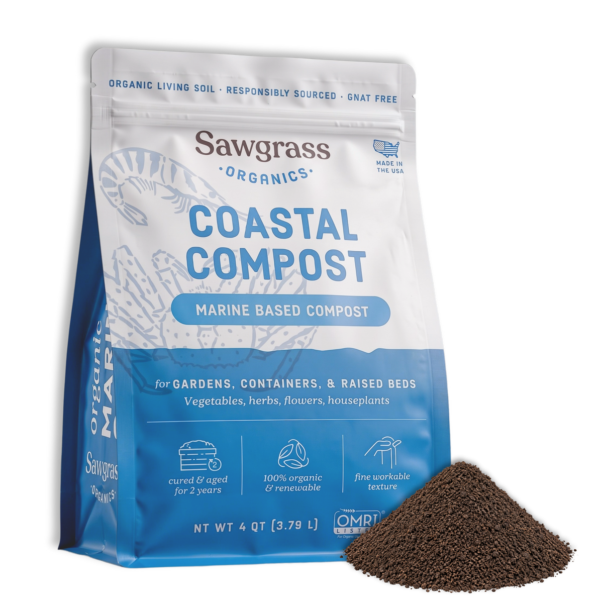 Front of the Sawgrass Organics Coastal Compost 4 QT bag, a marine-based compost with the OMRI Listed seal, beside a pile of fine compost