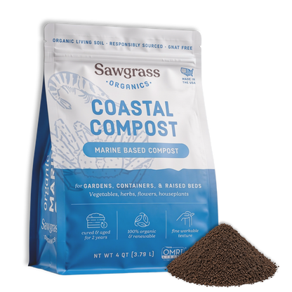Front of the Sawgrass Organics Coastal Compost 4 QT bag, a marine-based compost with the OMRI Listed seal, beside a pile of fine compost
