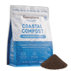 Front of the Sawgrass Organics Coastal Compost 4 QT bag, a marine-based compost with the OMRI Listed seal, beside a pile of fine compost