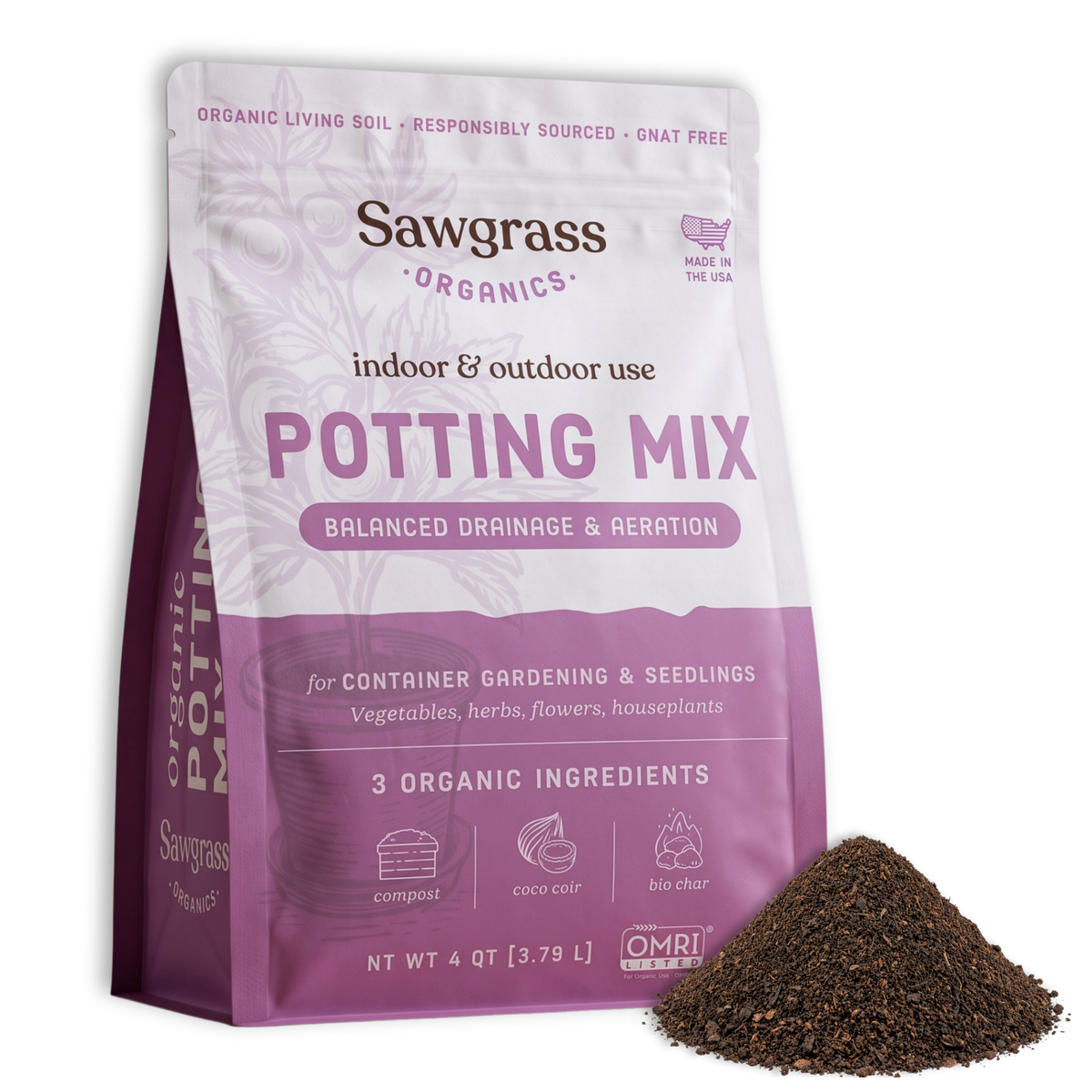 Front of the Sawgrass Organics Potting Mix 4 QT bag with the OMRI Listed seal, beside a pile of the dark, fine-textured mix